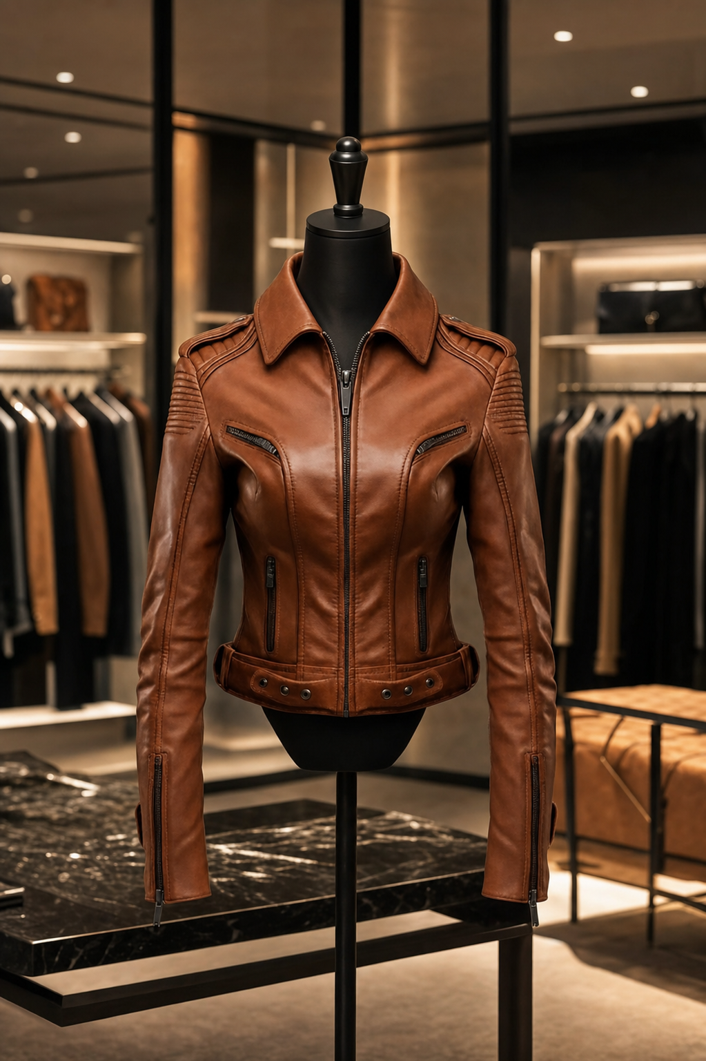 Elena Cognac Quilted Leather Biker Jacket | Genuine Leather - Cognac front