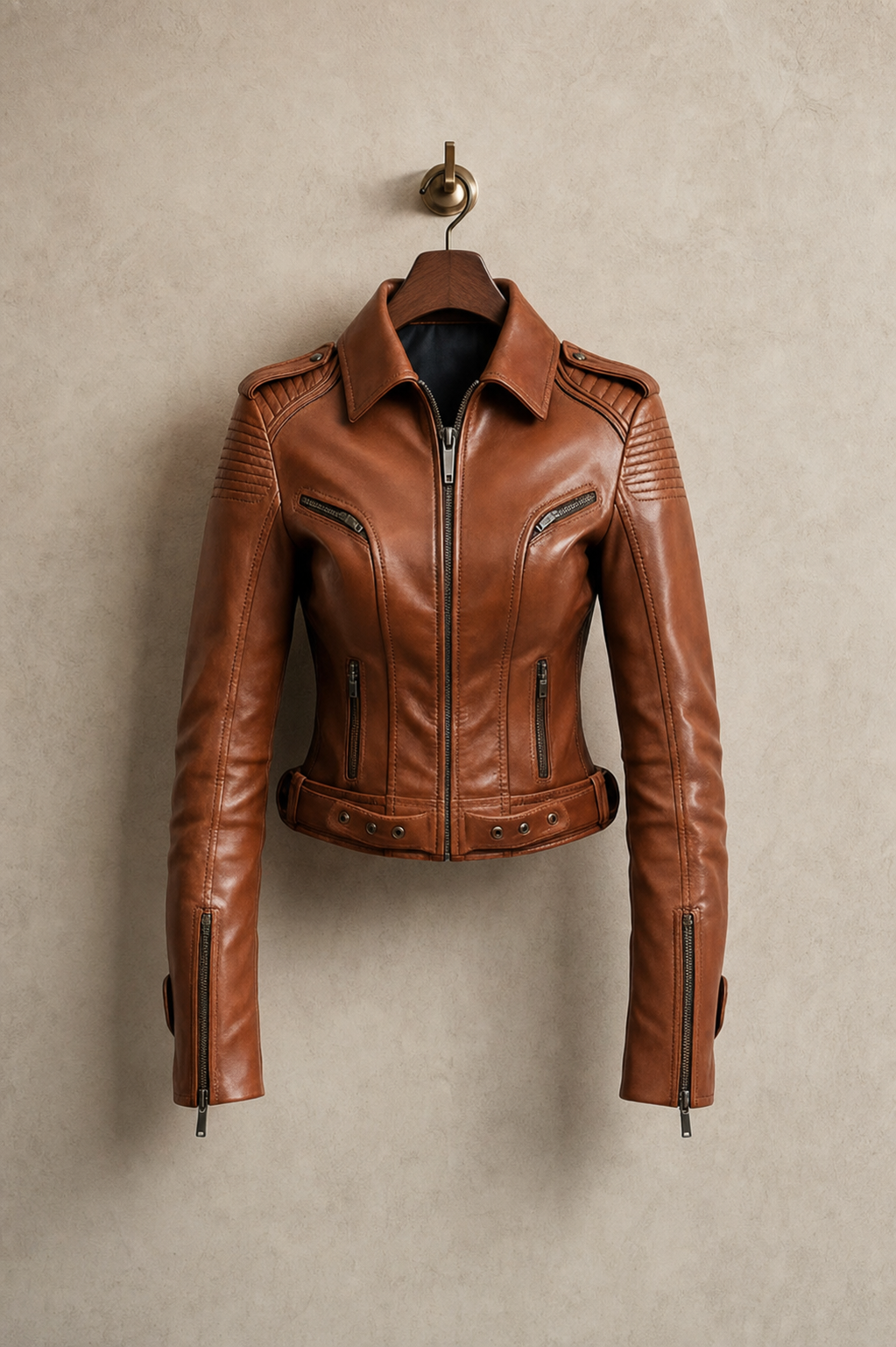 Elena Cognac Quilted Leather Biker Jacket | Genuine Leather - Cognac on hanger