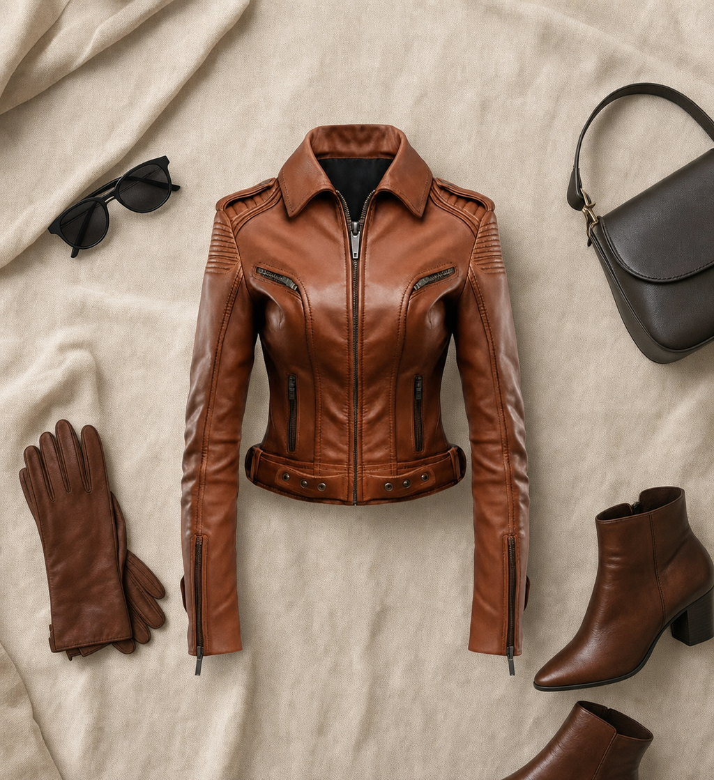Elena Cognac Quilted Leather Biker Jacket | Genuine Leather - Cognac flat lay