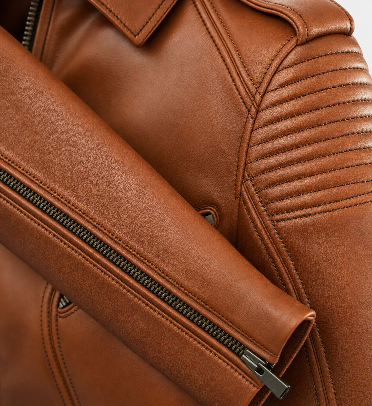 Elena Cognac Quilted Leather Biker Jacket | Genuine Leather - Cognac detail