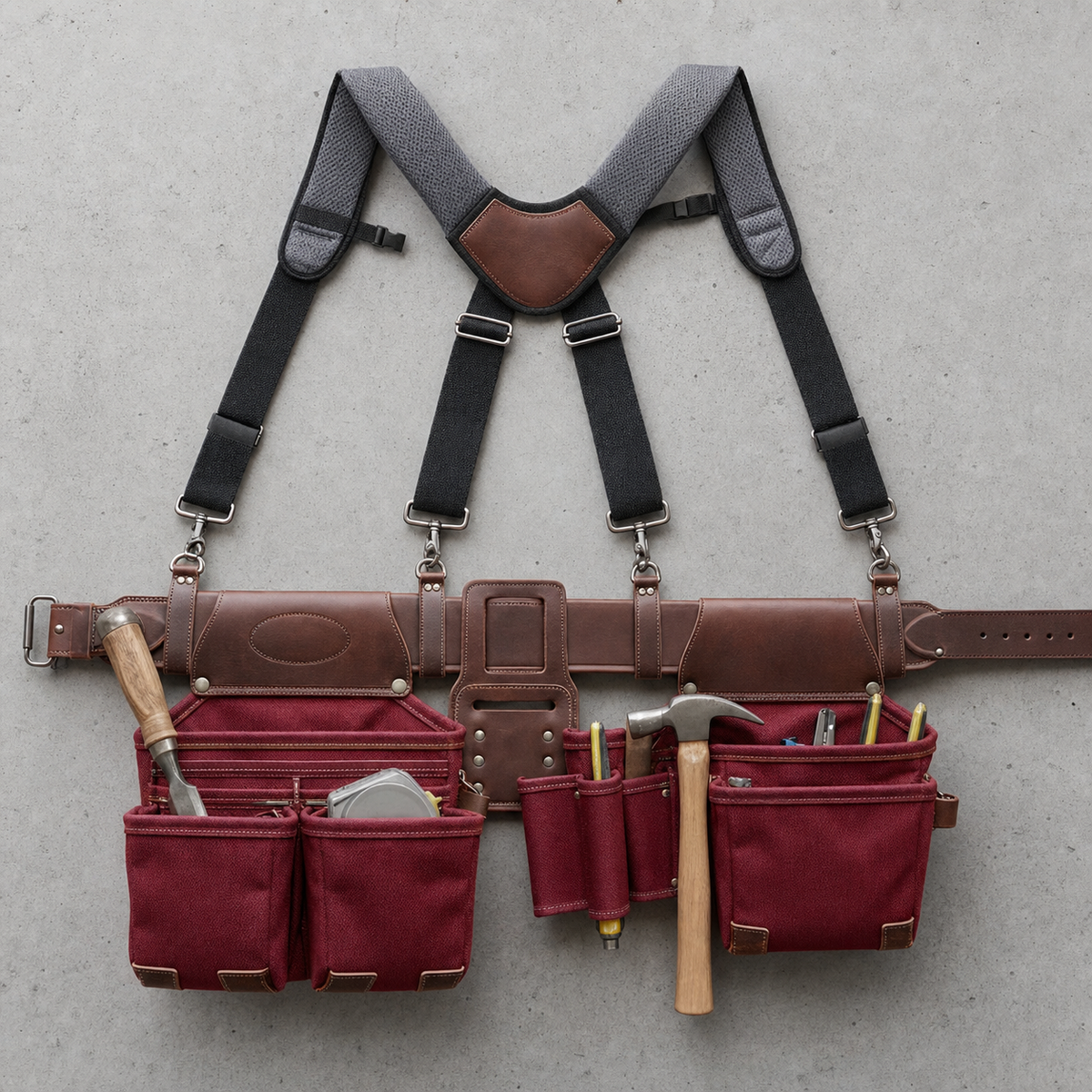 Foreman Leather Tool Belt with Suspenders - Burgundy