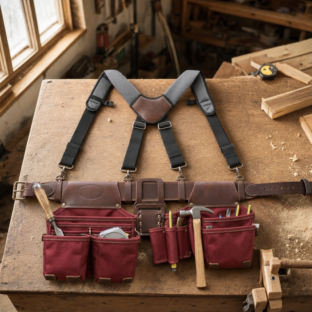 Foreman Leather Tool Belt with Suspenders - On the workbench