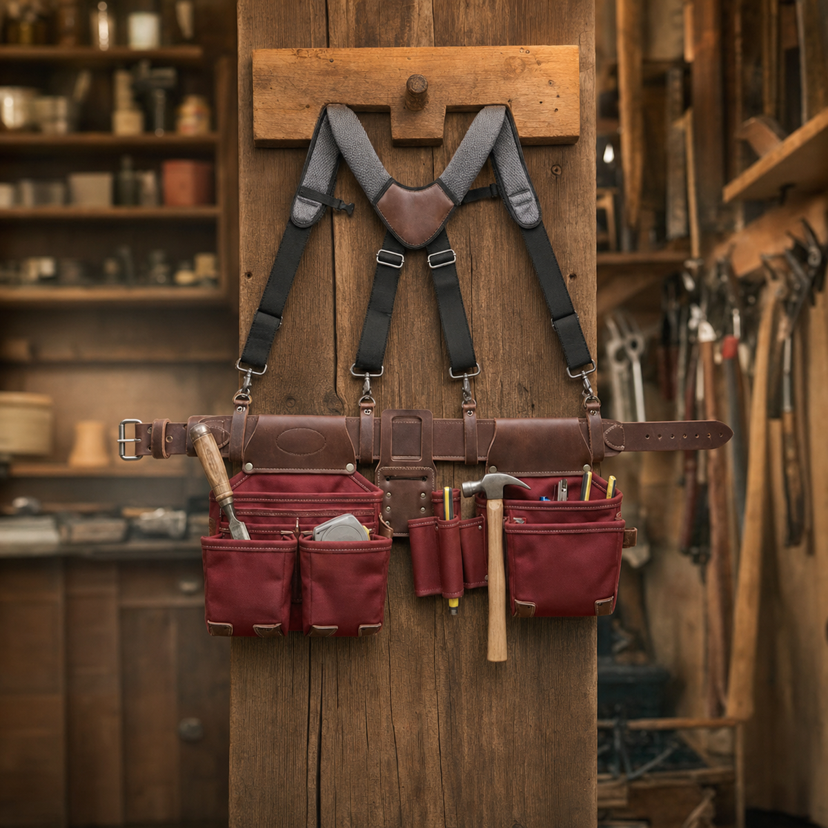 Foreman Leather Tool Belt with Suspenders - Hanging display