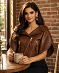 Isabella Cropped Cape Sleeve Leather Jacket - Brown