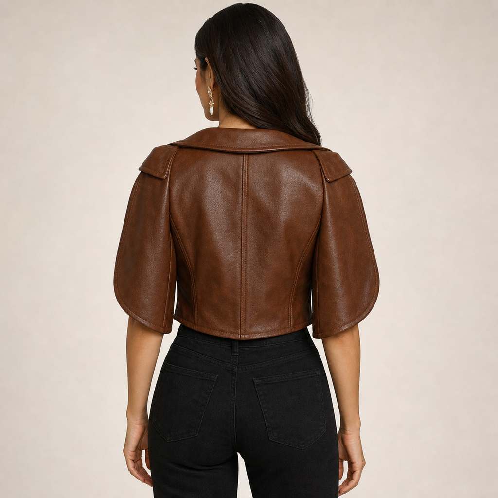 Isabella Cropped Cape Sleeve Leather Jacket - Brown, back view