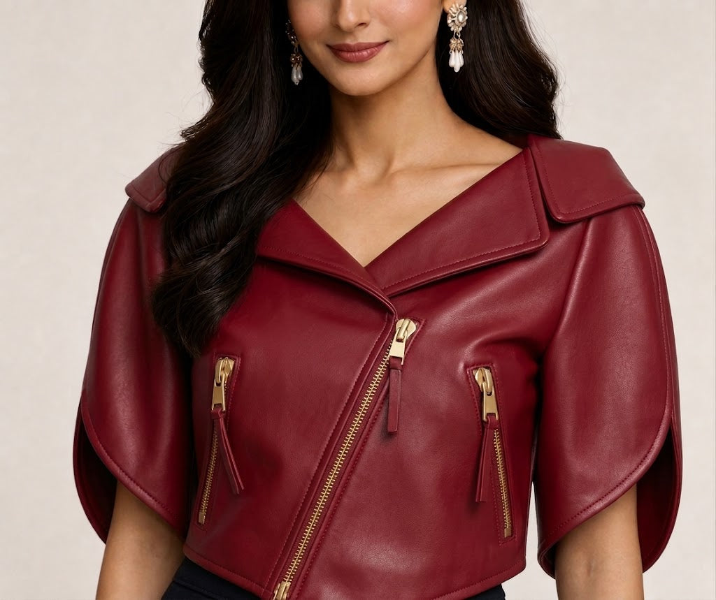 Isabella Cropped Cape Sleeve Leather Jacket - Burgundy