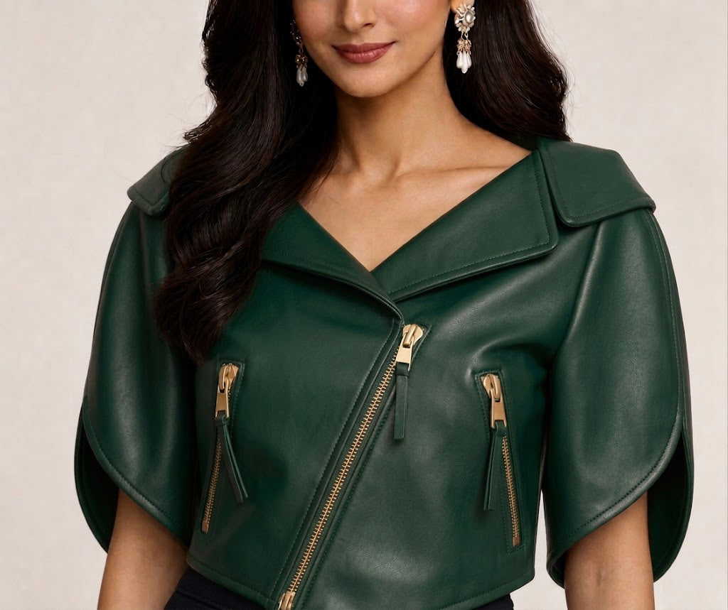 Isabella Cropped Cape Sleeve Leather Jacket - Green
