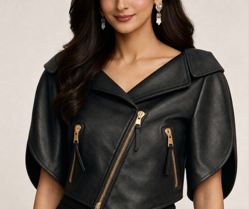 Isabella Cropped Cape Sleeve Leather Jacket - Black