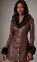 Josephine Faux Fur Trim Leather Coat - Brown, front view