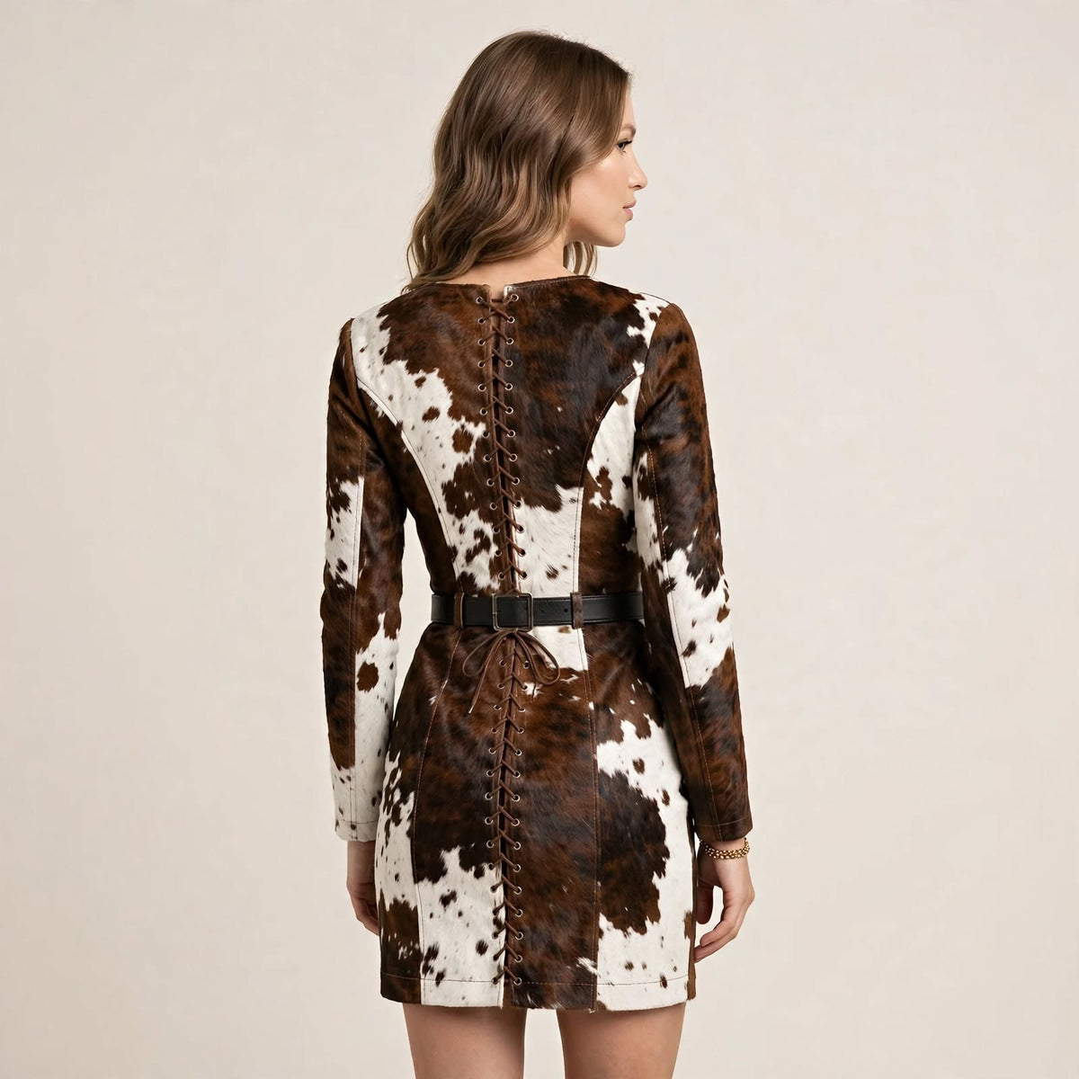 Laramie Hair-On Cowhide Corset Bodycon Dress - Brown & White, back view