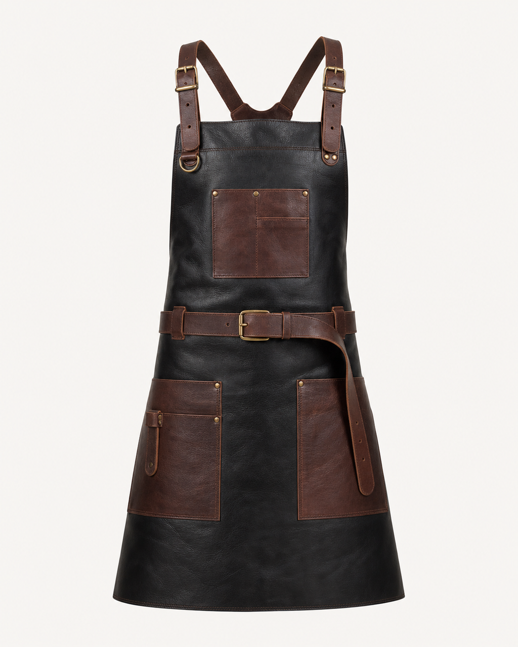 Artisan Leather Work Apron - Black with brown straps
