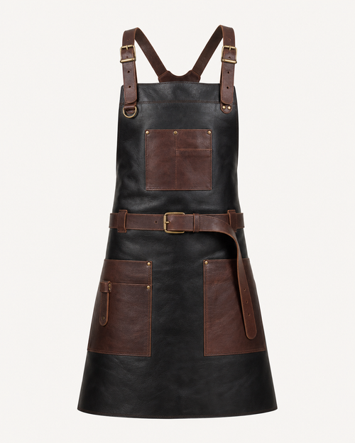 Artisan Leather Work Apron - Black with brown straps
