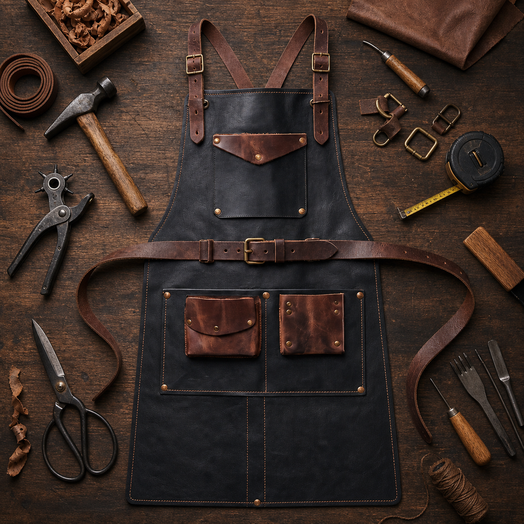 Artisan Leather Work Apron - Black, flat lay with tools