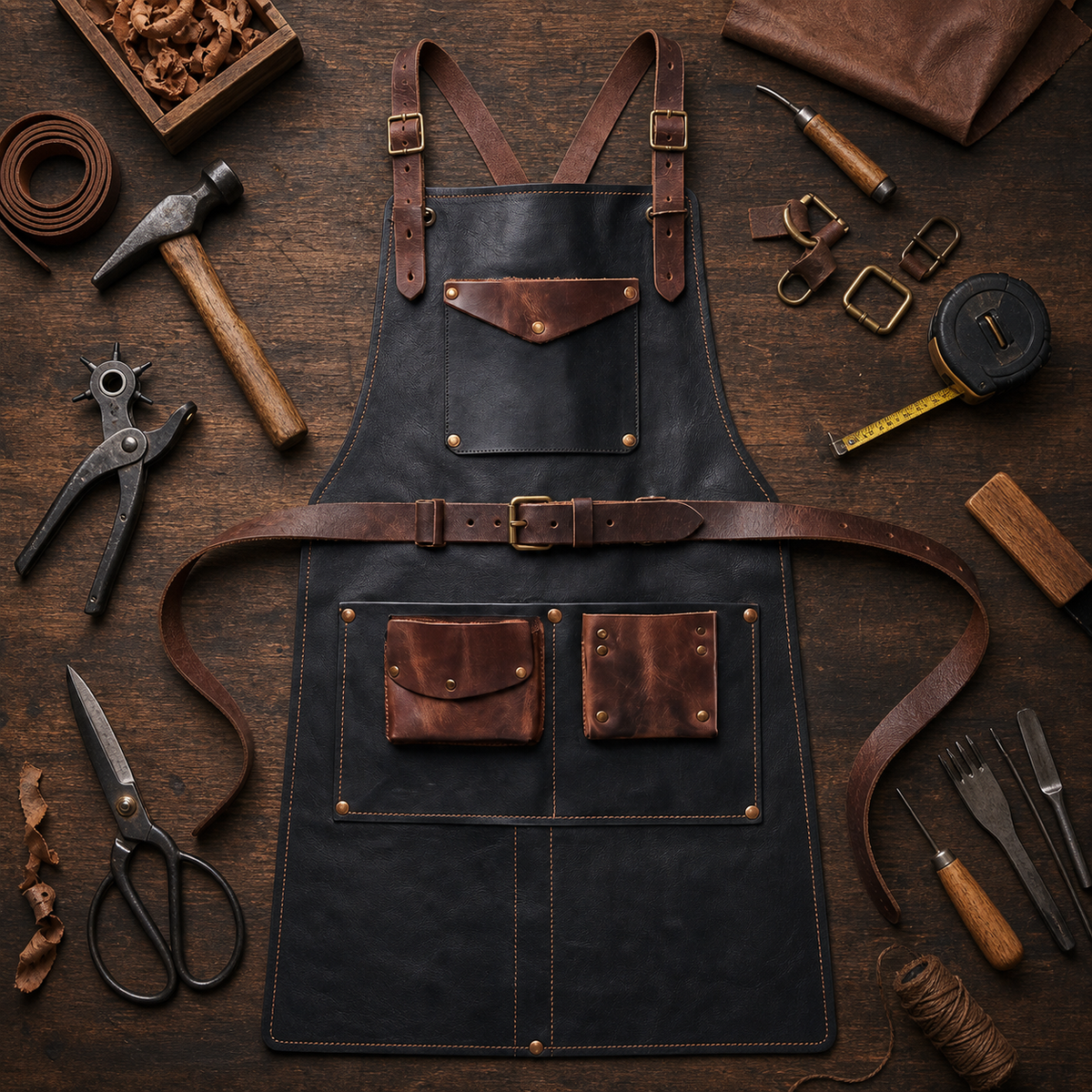 Artisan Leather Work Apron - Black, flat lay with tools