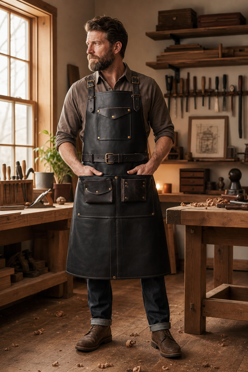Artisan Leather Work Apron - Black, worn in the workshop