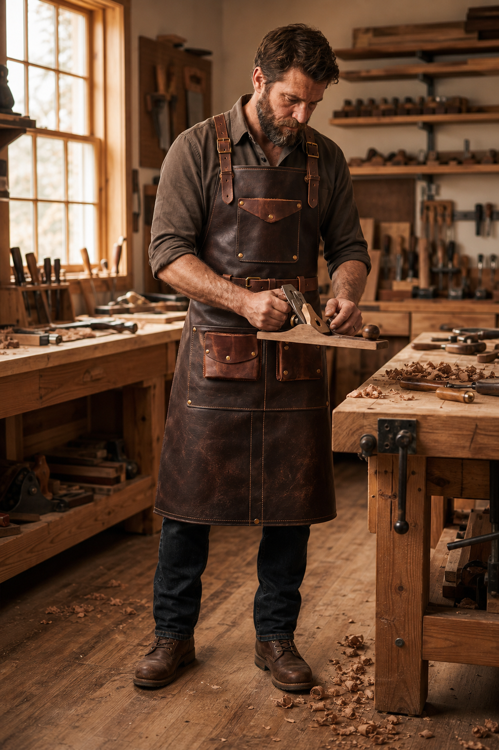 Artisan Leather Work Apron - Brown, worn in the workshop