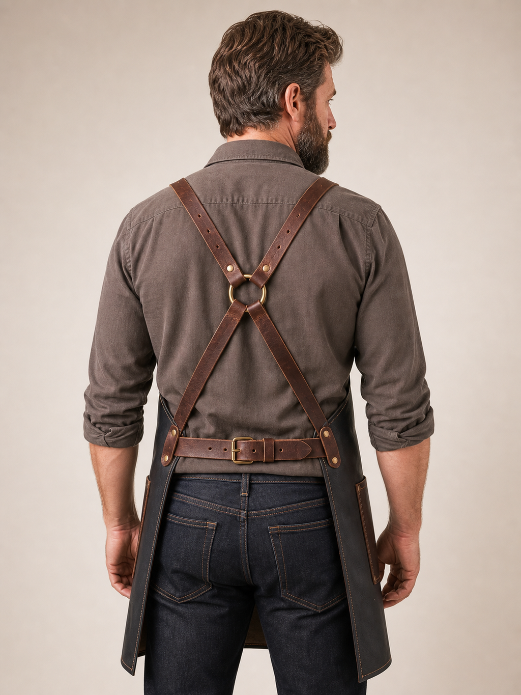 Artisan Leather Work Apron - Cross-back straps, back view