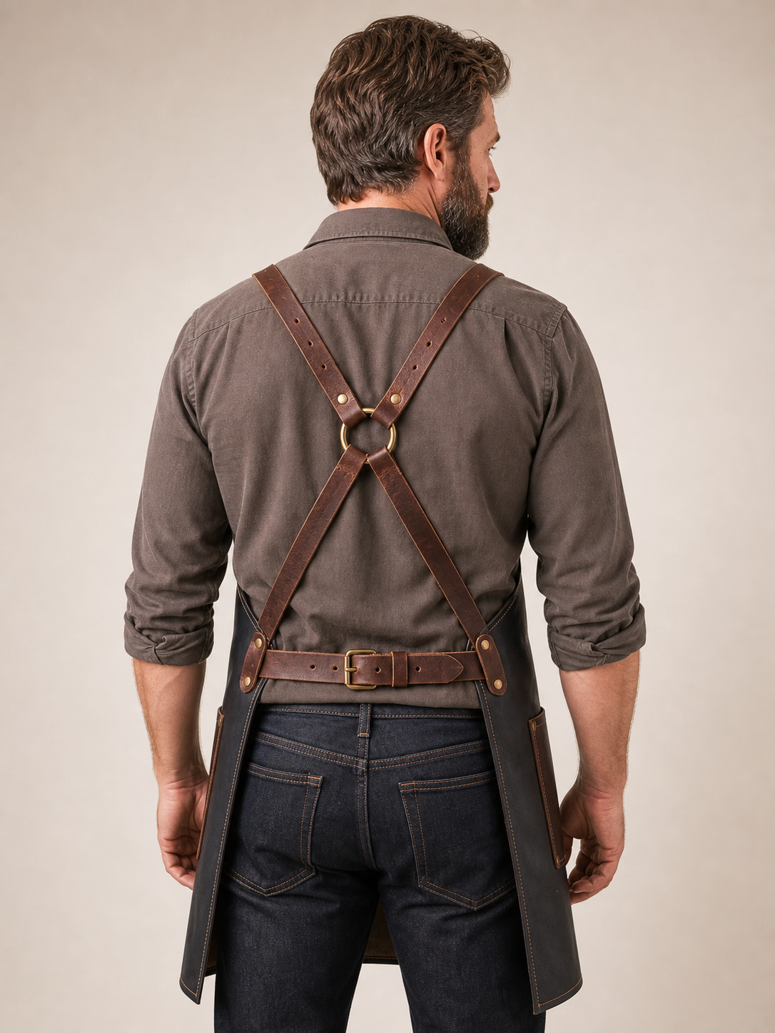 Artisan Leather Work Apron - Cross-back straps, back view