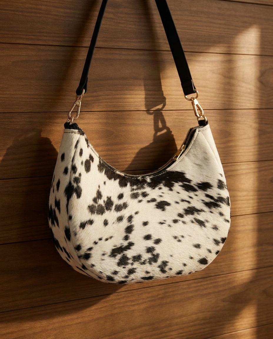 Luna Hair-On Leather Crescent Shoulder Bag - Hanging display