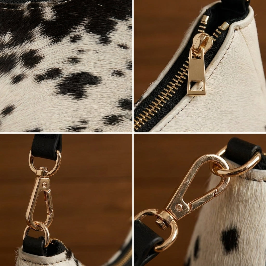 Luna Hair-On Leather Crescent Shoulder Bag - Texture, zip and clip details