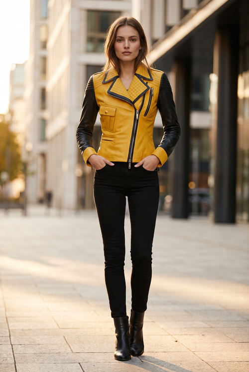 Luxury Yellow & Black Genuine Leather Jacket for Women 02