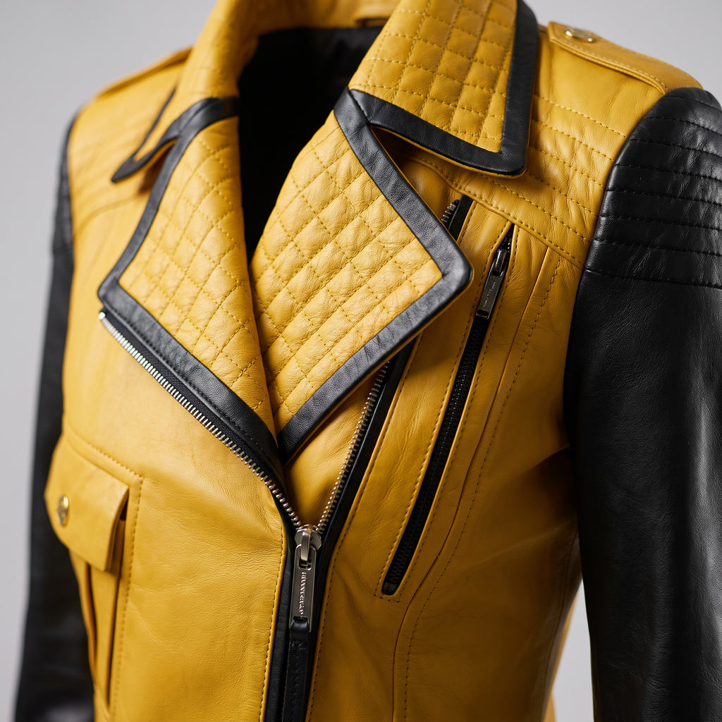 Luxury Yellow & Black Genuine Leather Jacket for Women 04