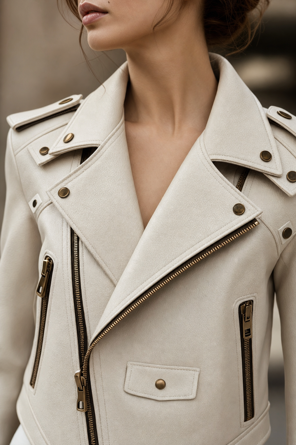 Margaux Cropped Leather Biker Jacket | Genuine Leather - Ivory detail