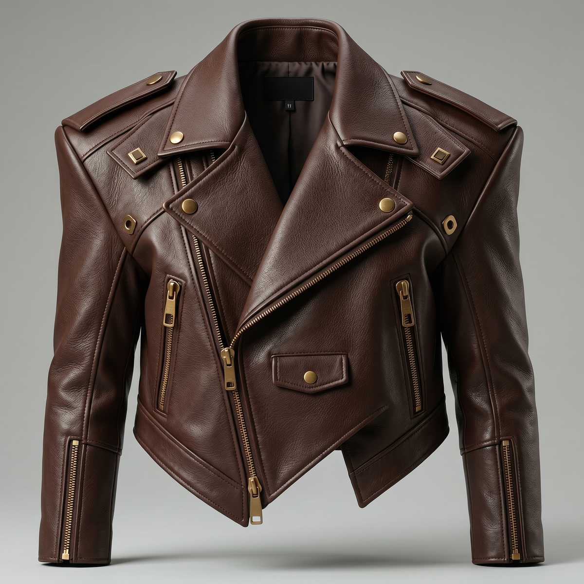 Margaux Cropped Leather Biker Jacket | Genuine Leather - Brown