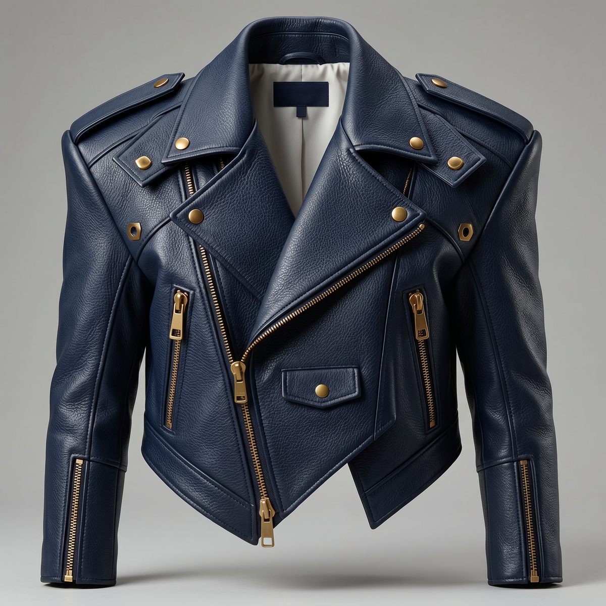 Margaux Cropped Leather Biker Jacket | Genuine Leather - Navy