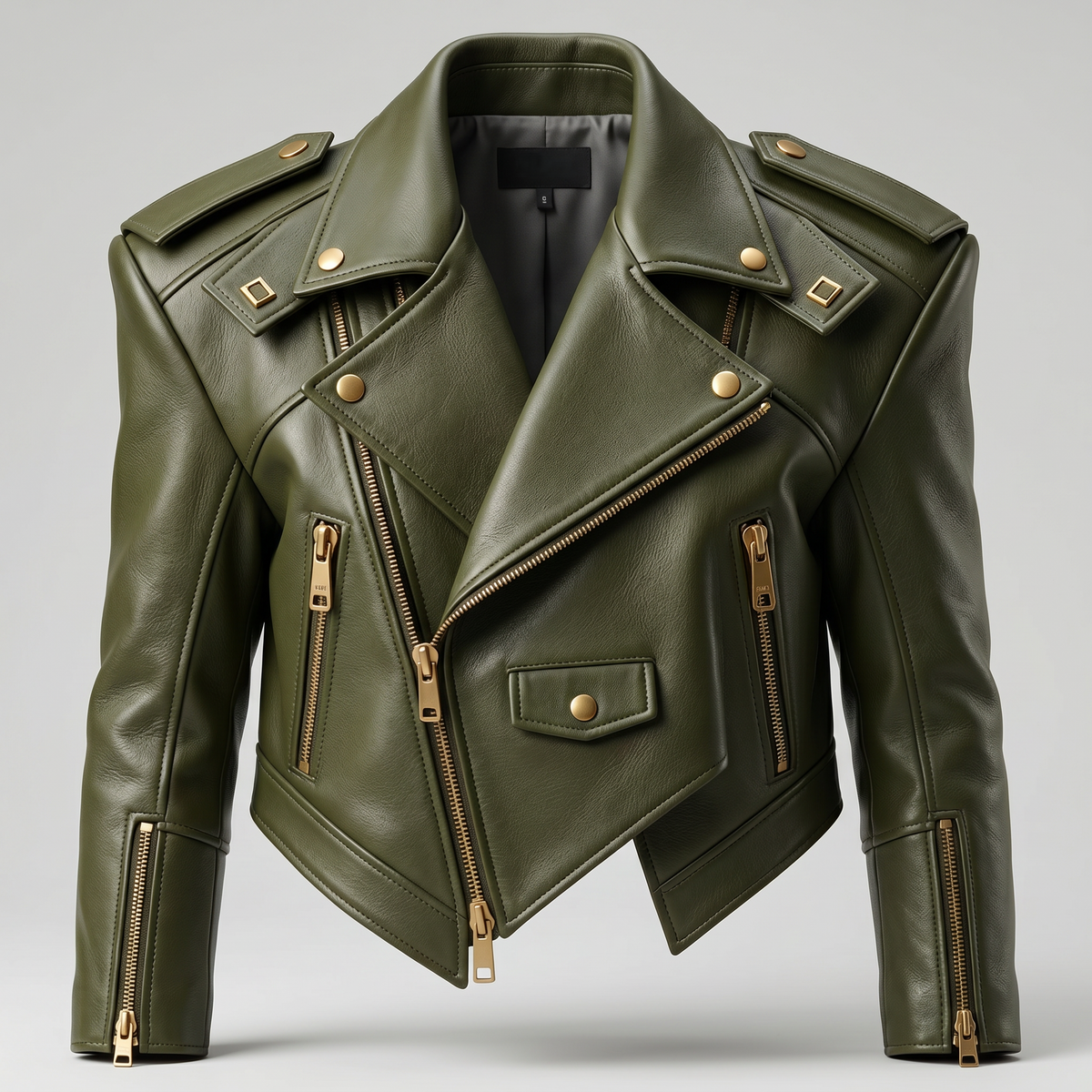 Margaux Cropped Leather Biker Jacket | Genuine Leather - Olive