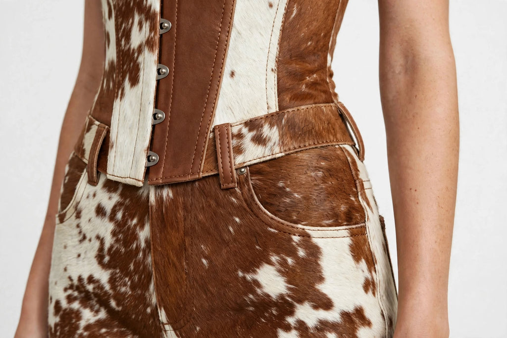 Marley Hair-On Cowhide Corset Leather Romper - Brown & White, waist and pocket detail