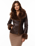 Mila Faux Fur Collar Leather Jacket - Brown, front view