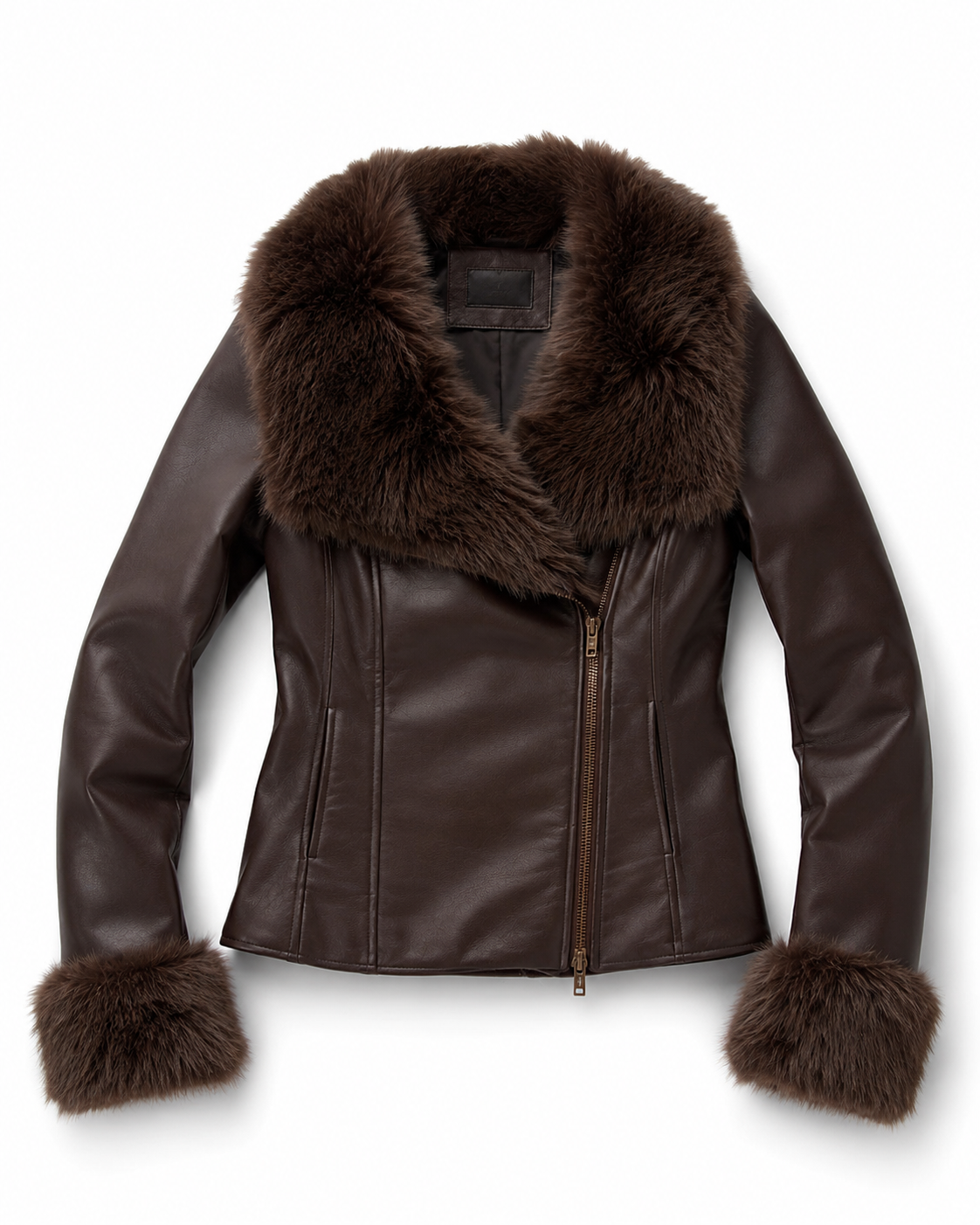 Mila Faux Fur Collar Leather Jacket - Brown, flat lay