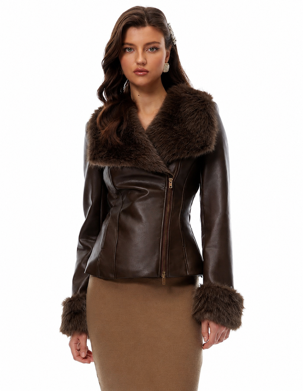 Mila Faux Fur Collar Leather Jacket - Brown, front view, styled