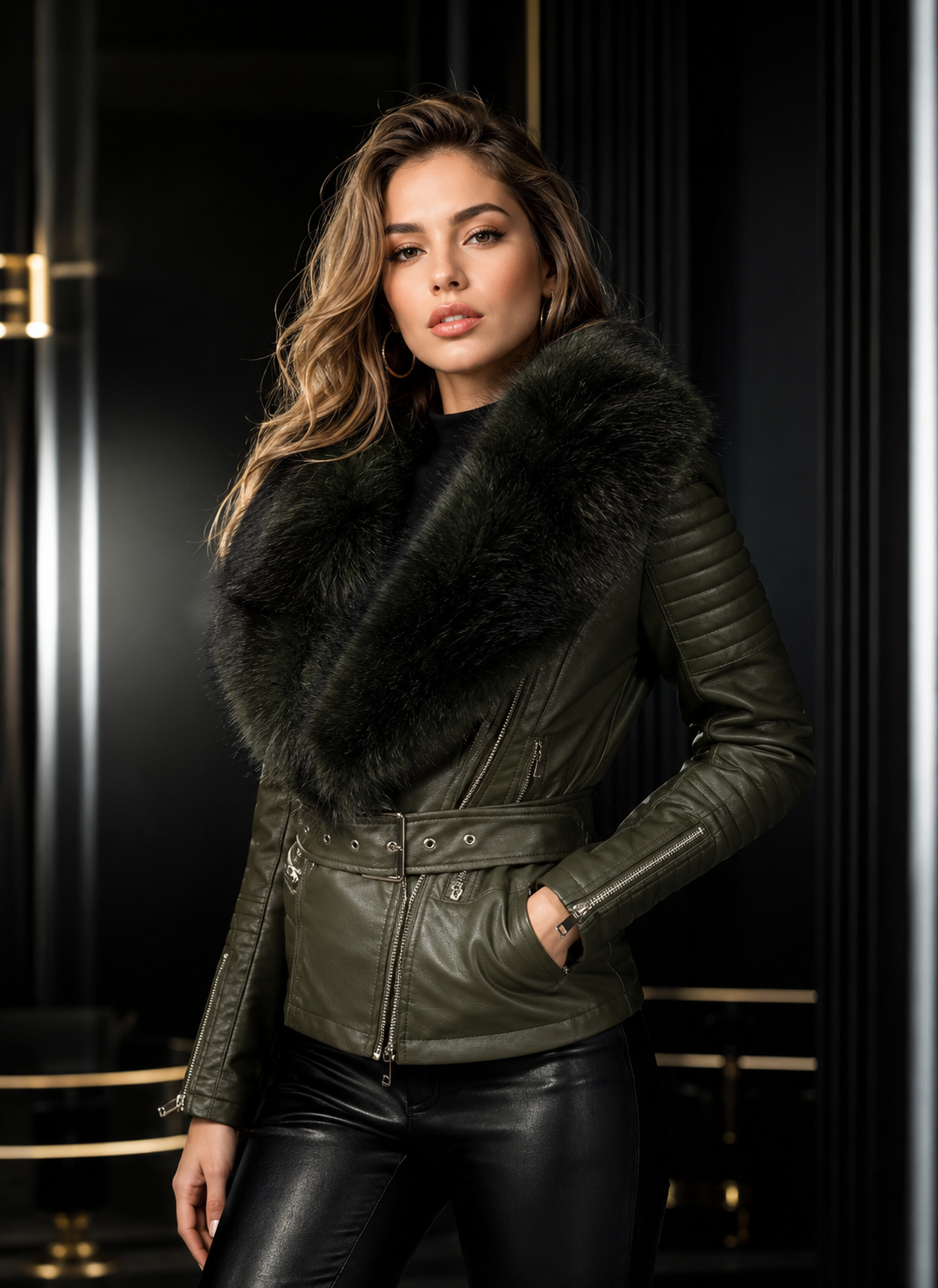 Natalia Fur Collar Belted Leather Biker Jacket - Olive