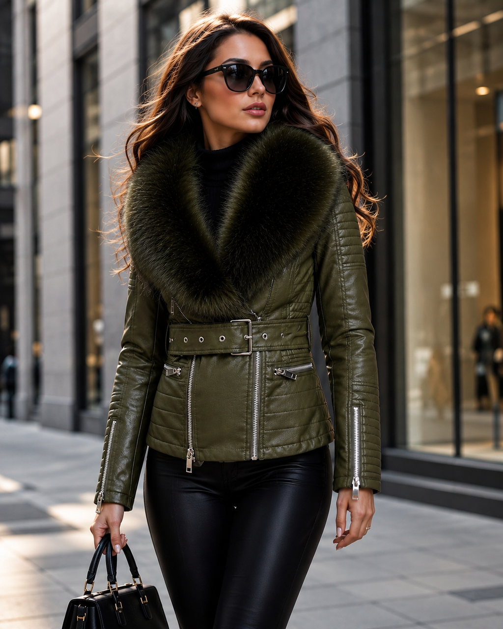 Natalia Fur Collar Belted Leather Biker Jacket - Olive, city look