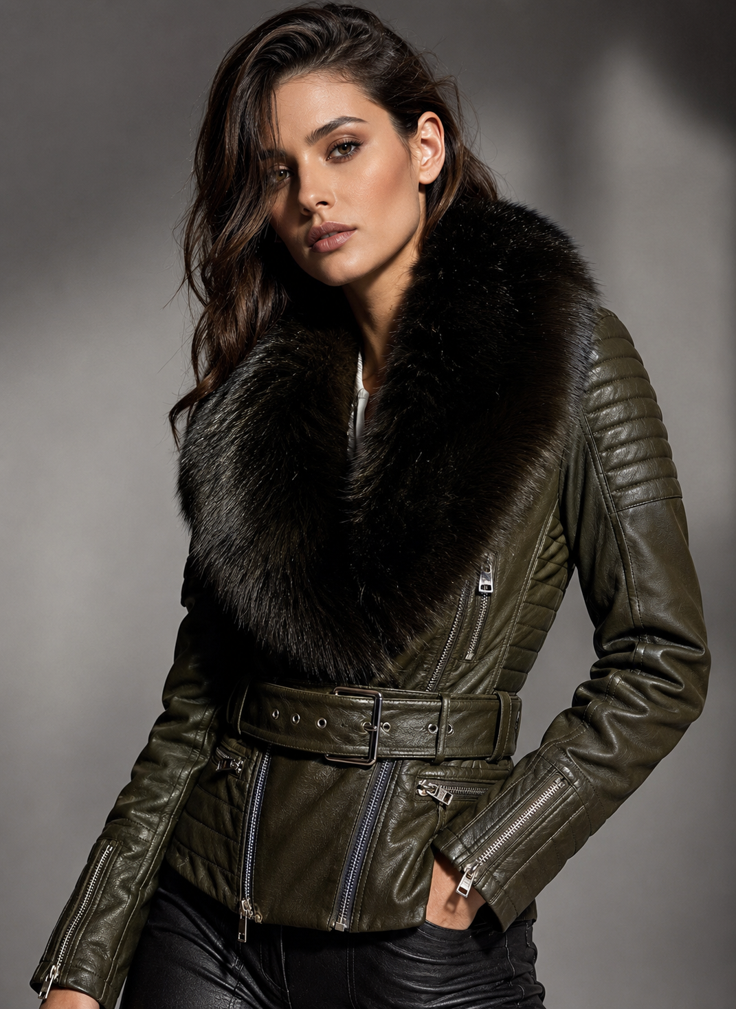 Natalia Fur Collar Belted Leather Biker Jacket - Olive, studio