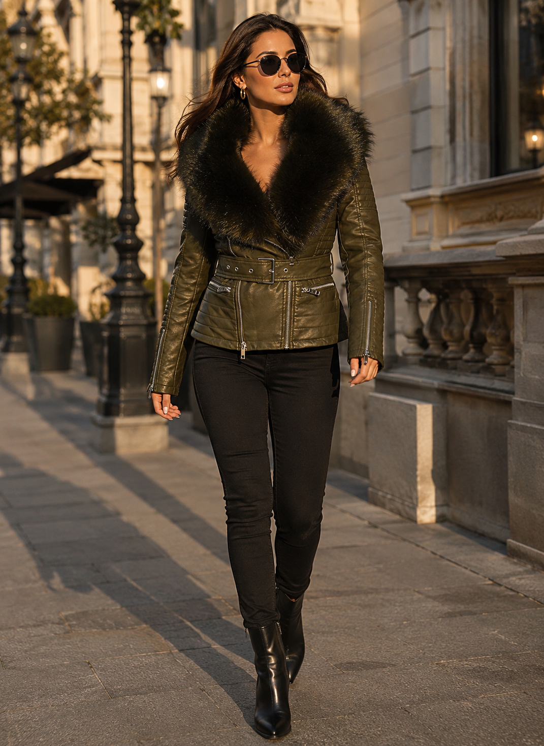 Natalia Fur Collar Belted Leather Biker Jacket - Olive, street style