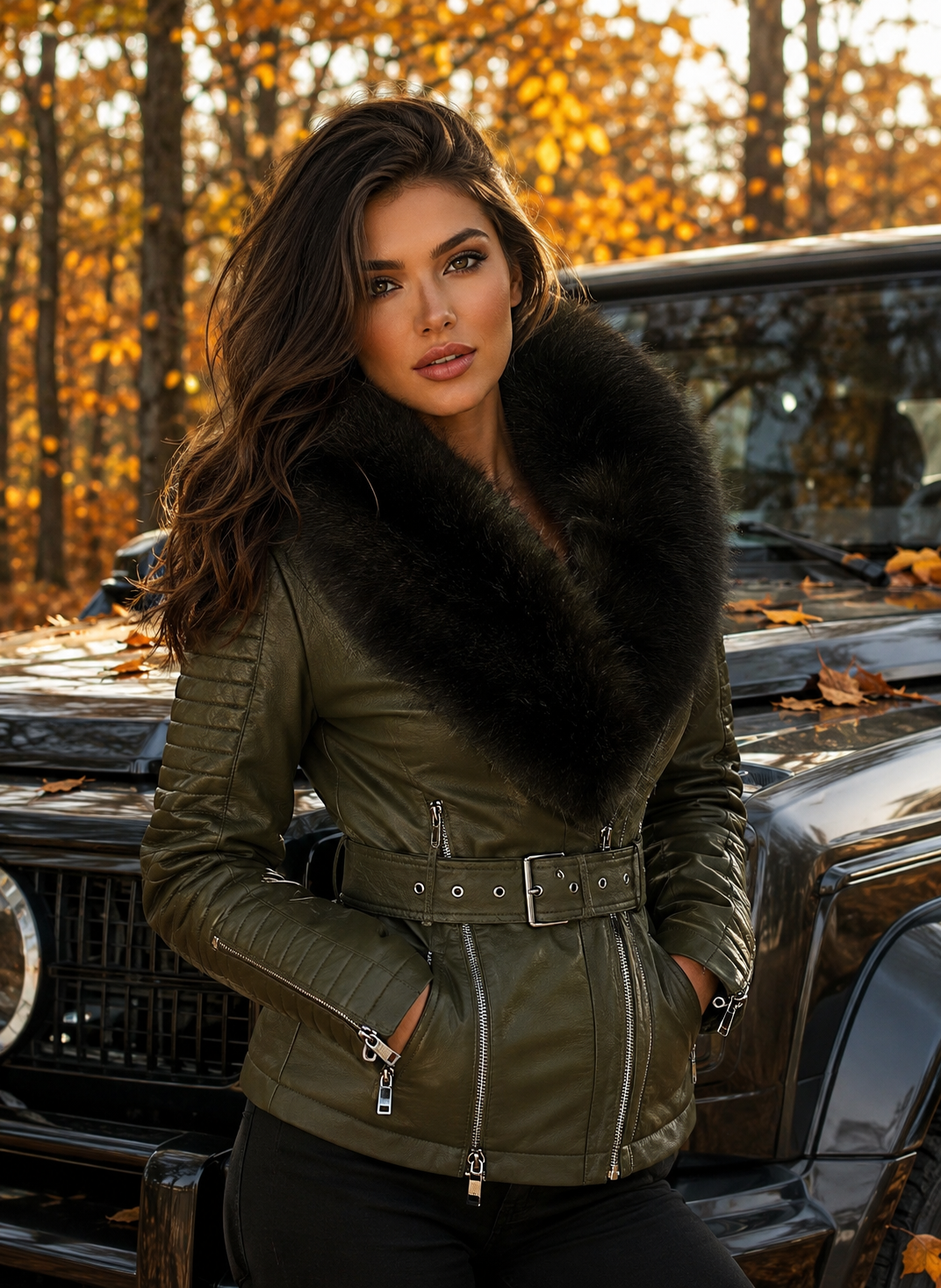 Natalia Fur Collar Belted Leather Biker Jacket - Olive, autumn look
