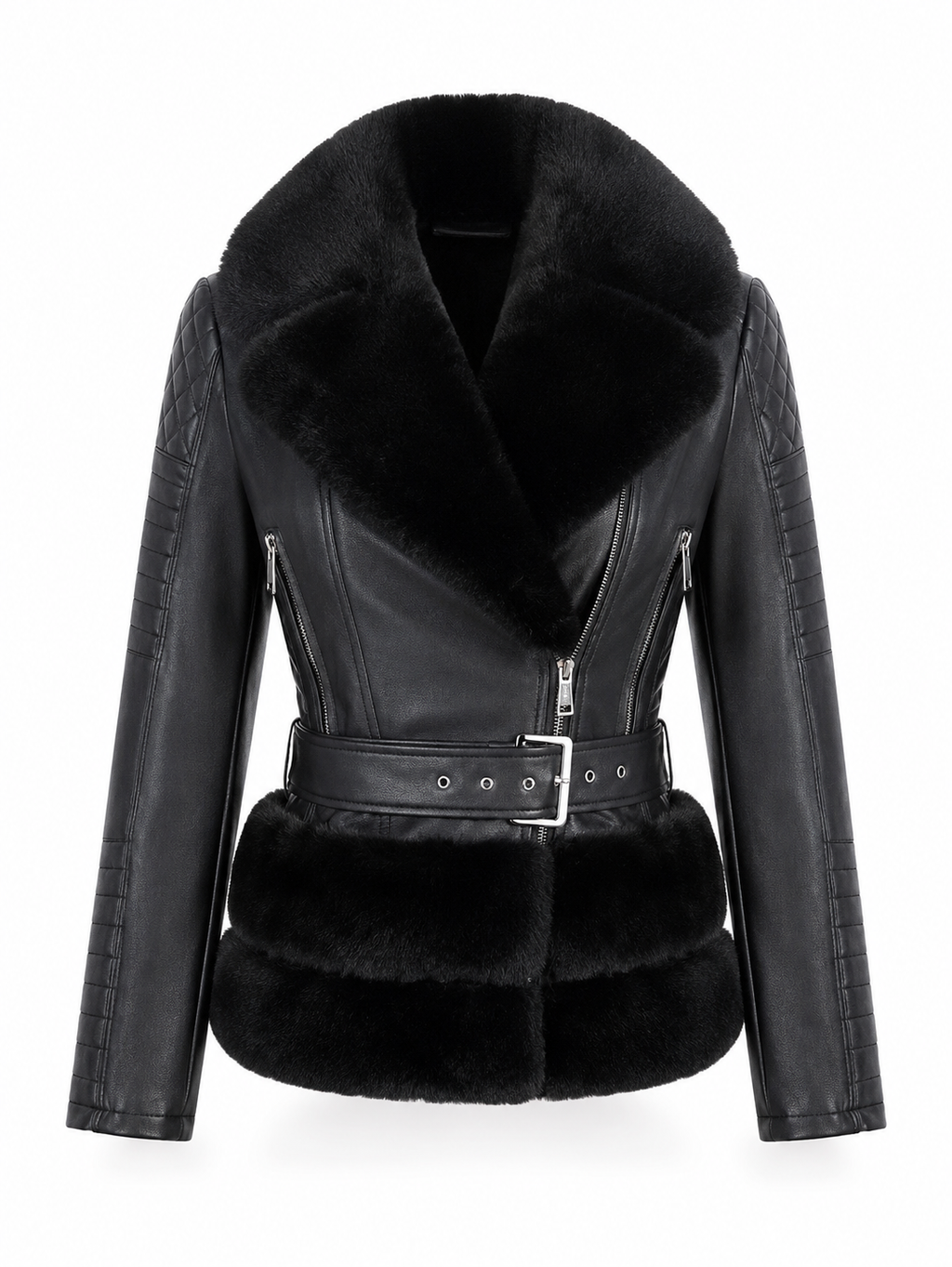 Raven Faux Fur Hem Belted Leather Biker Jacket - Black, front view