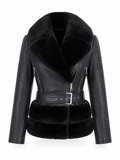 Raven Faux Fur Hem Belted Leather Biker Jacket - Black, front view