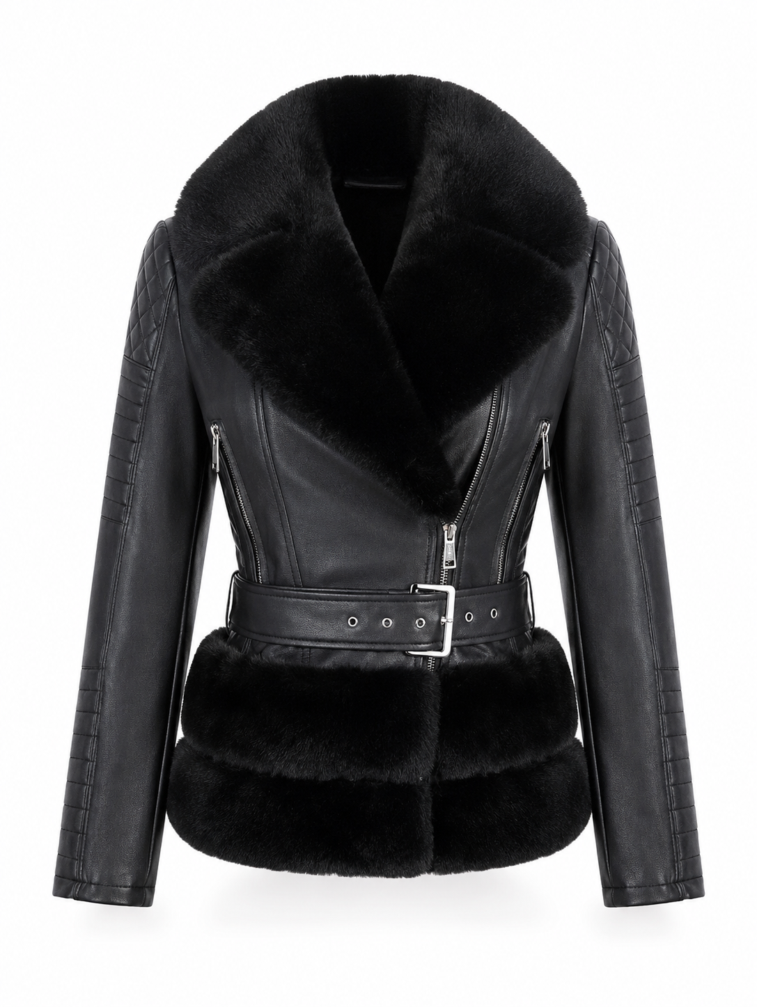 Raven Faux Fur Hem Belted Leather Biker Jacket - Black, front view