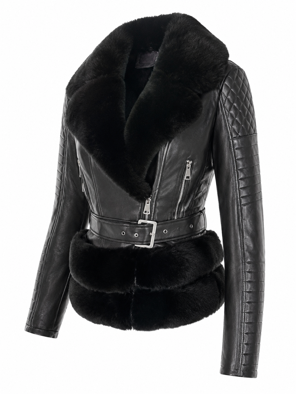 Raven Faux Fur Hem Belted Leather Biker Jacket - Black, three-quarter view