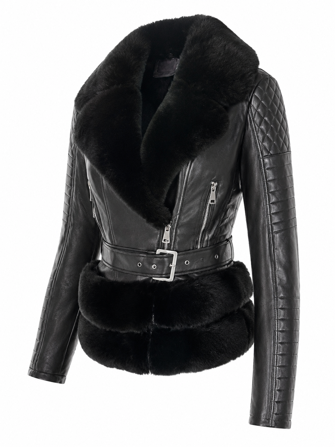 Raven Faux Fur Hem Belted Leather Biker Jacket - Black, three-quarter view