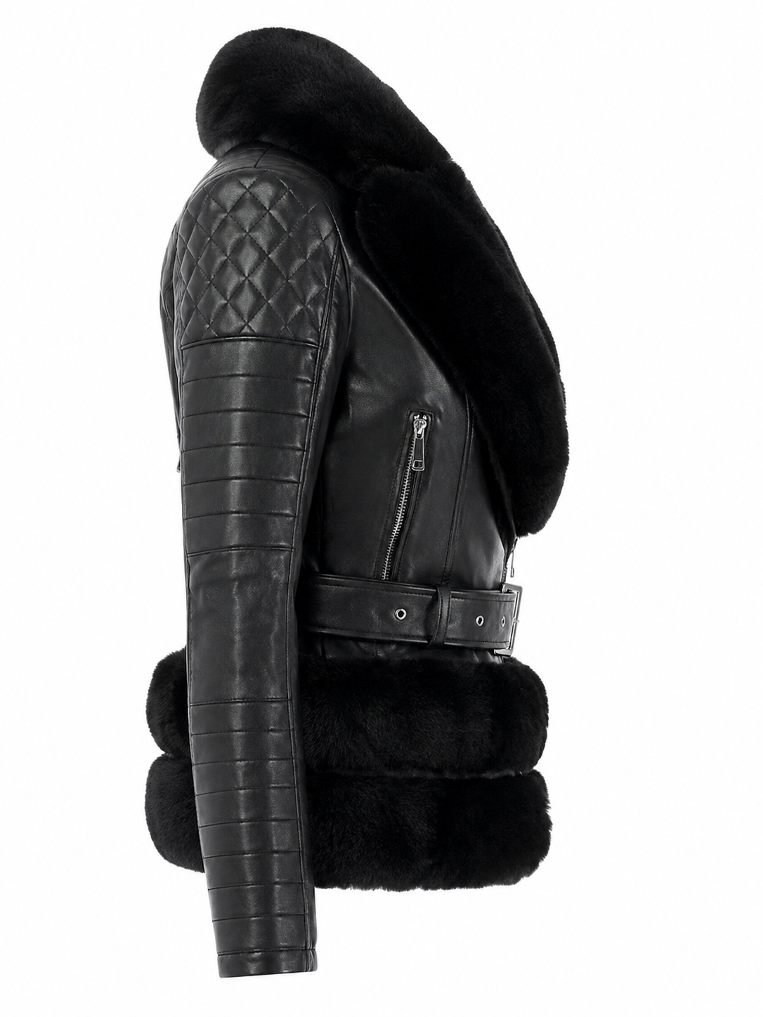 Raven Faux Fur Hem Belted Leather Biker Jacket - Black, side view