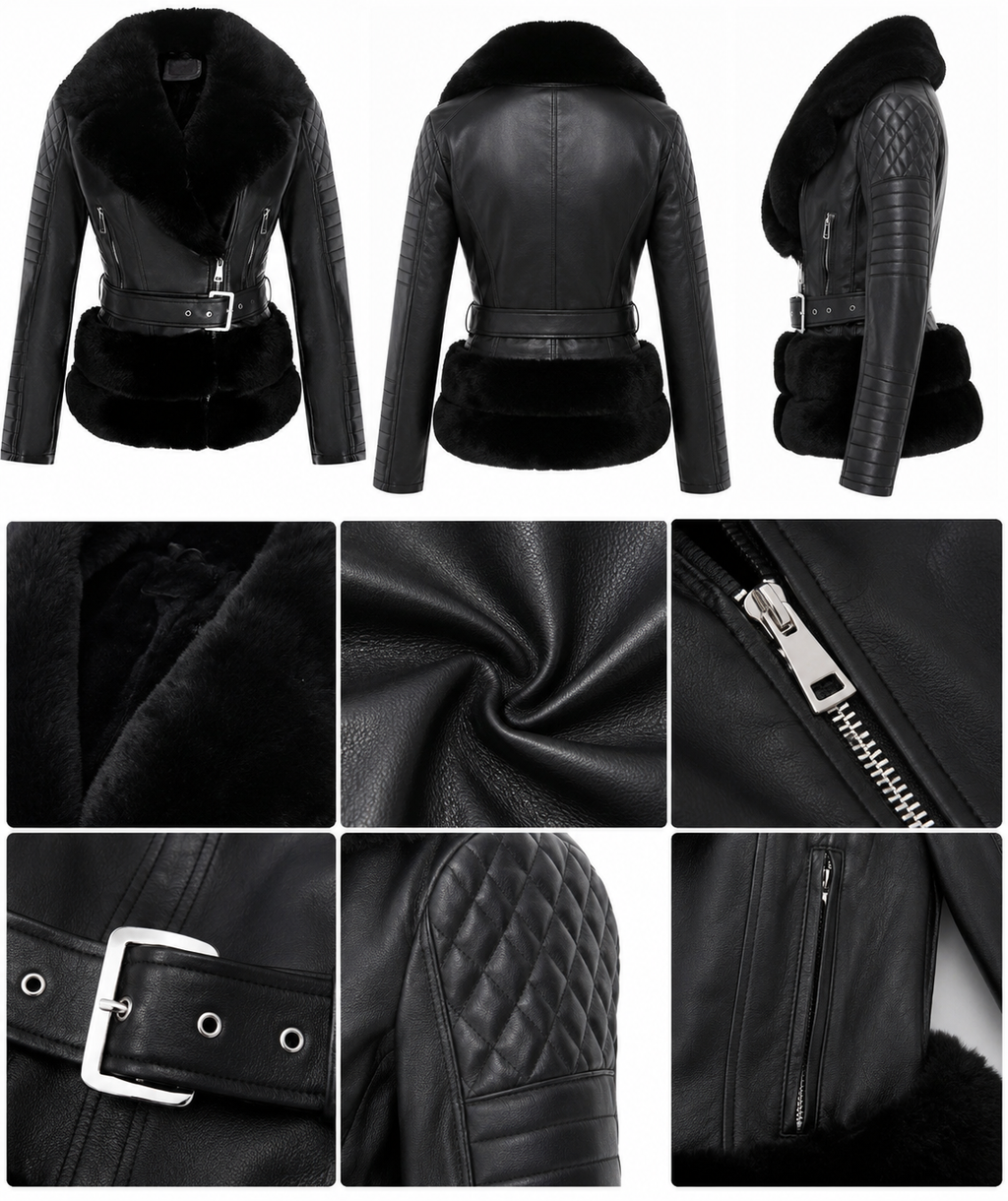 Raven Faux Fur Hem Belted Leather Biker Jacket - Black, front, back, side and detail views