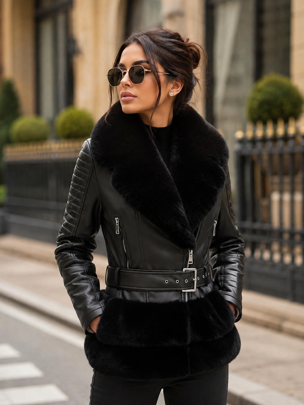 Raven Faux Fur Hem Belted Leather Biker Jacket - Black, street style look