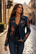 Rosalia Floral Embroidered Leather Biker Jacket | Genuine Leather 