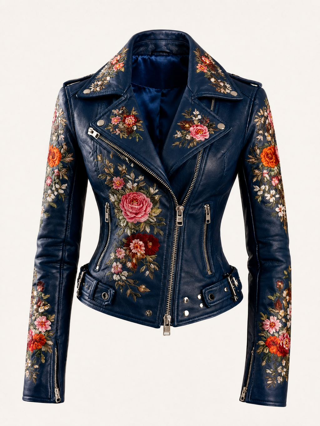 Rosalia Floral Embroidered Leather Biker Jacket | Genuine Leather  02