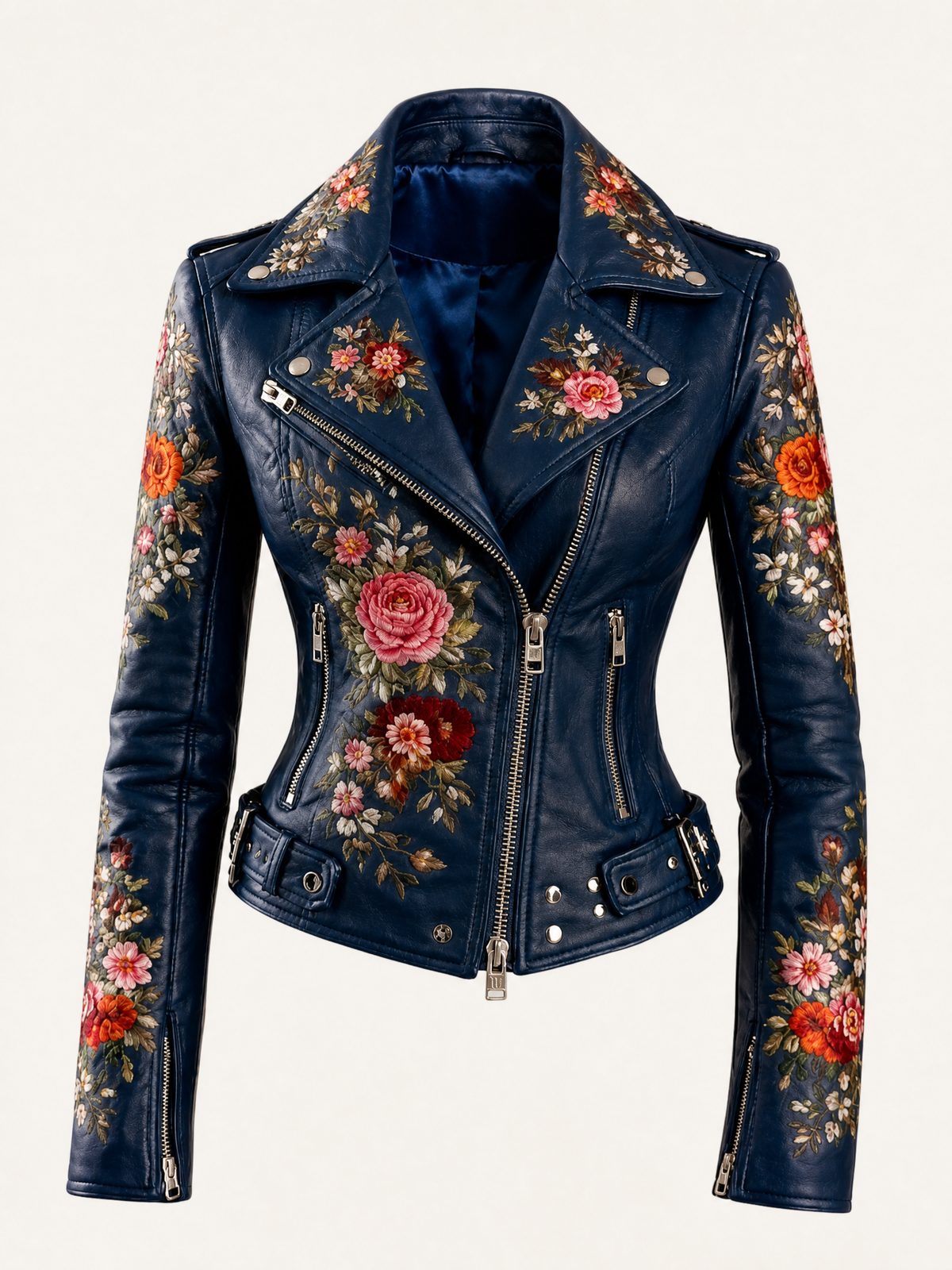 Rosalia Floral Embroidered Leather Biker Jacket | Genuine Leather  02
